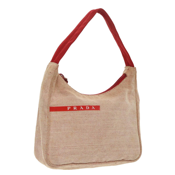 PRADA Sports Hand Bag Canvas Beige Red Silver Auth 98400 - Picture 1 of 16
